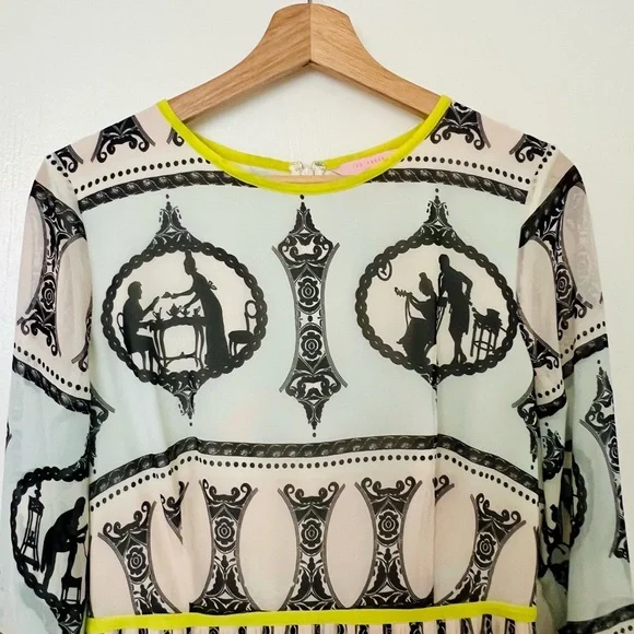 TED BAKER Tea for Two Cameo Silhouette Print Pleat Skirt Dress - Size 3 - Picture 8 of 9